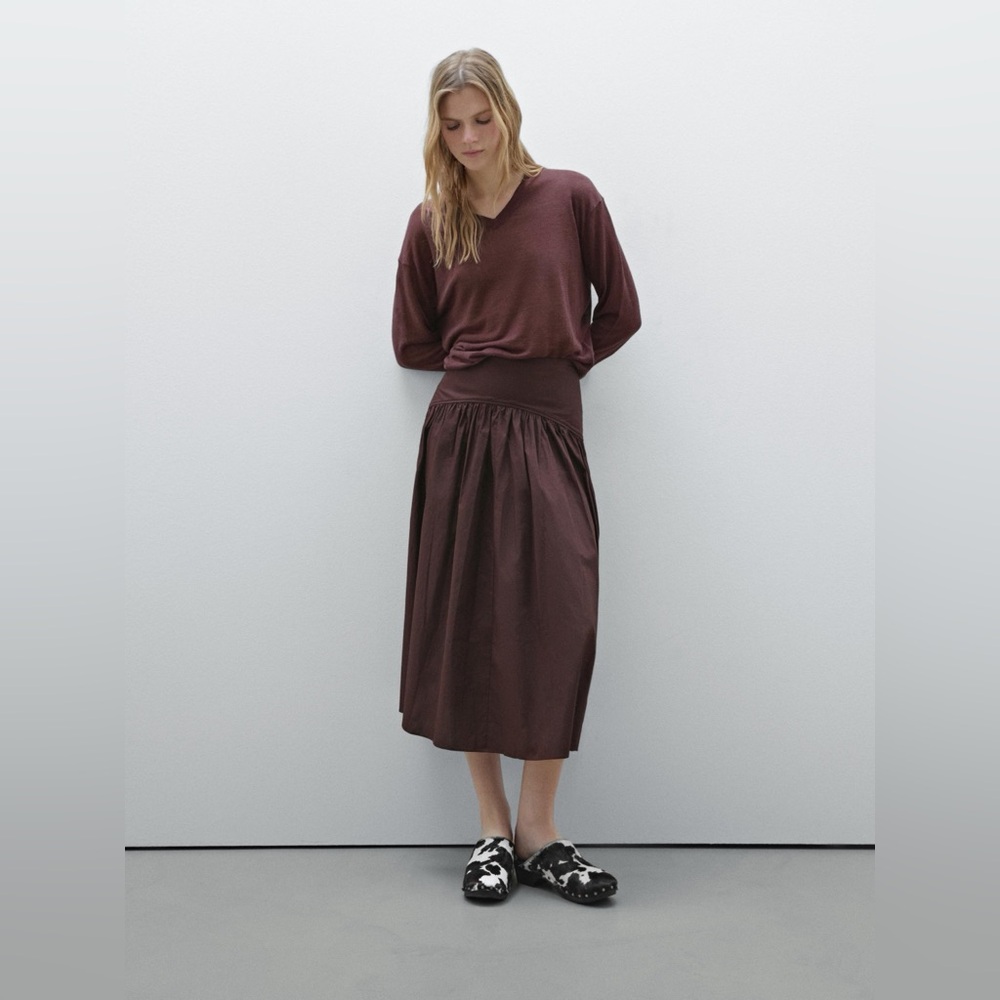 Massimo Dutti Skirt w Yoke Detail | Chocolate 100% Cotton Midi. Quiet Luxury NWT - Picture 6 of 12